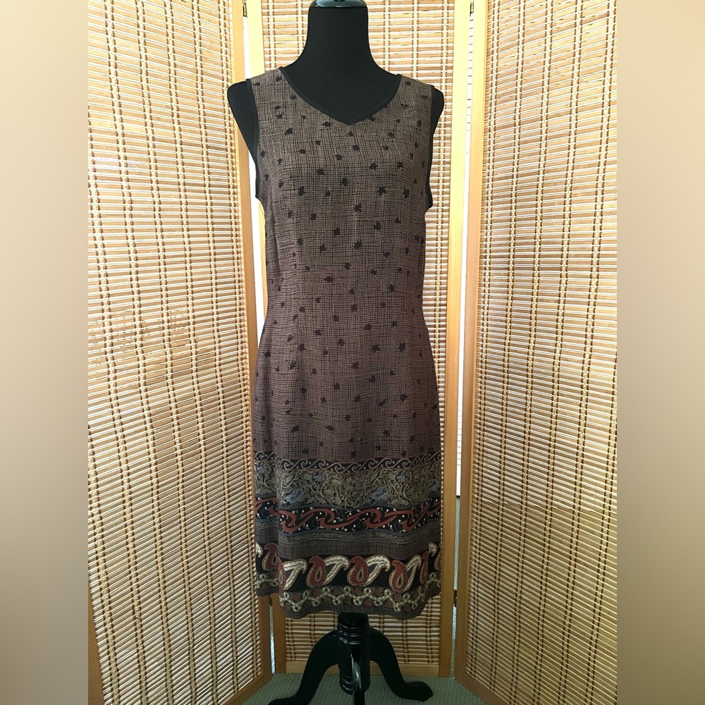 CDC Caren Desiree fitted sleeveless sheath brown and black V-neck dress, size 12